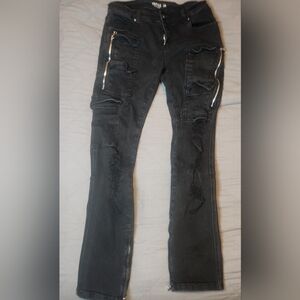 PLCKS Size 36 Cargo Pocket Distressed Black Zipper Jeans Biker Goth Straight Leg